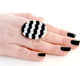 Chunky Black and White Ring, Cocktail Unique Ring, Cool Big Ring, Modern Contemporary Jewelry, Fashion Jewelry