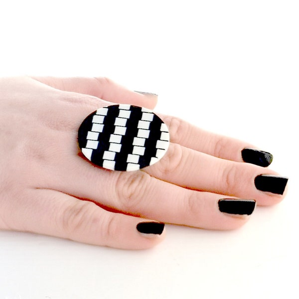 Chunky Black and White Ring, Cocktail Unique Ring, Cool Big Ring, Modern Contemporary Jewelry, Fashion Jewelry