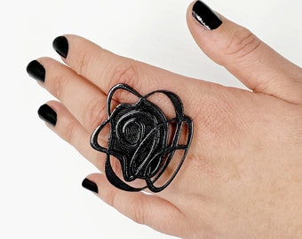 Black Statement Rose Ring, Chunky Adjustable Unique Statement Ring, Cocktail Aesthetic Gothic Jewelry, Gift for Girlfriend, Contemporary