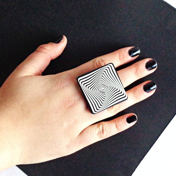 Statement Cocktail Ring, Chunky Black and White Ring, Cool Trendy Jewelry, Adjustable Statement Rings, Contemporary Ring