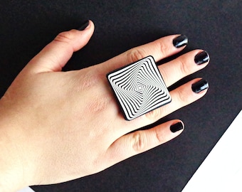 Statement Cocktail Ring, Chunky Black and White Ring, Cool Trendy Jewelry, Adjustable Statement Rings, Contemporary Ring