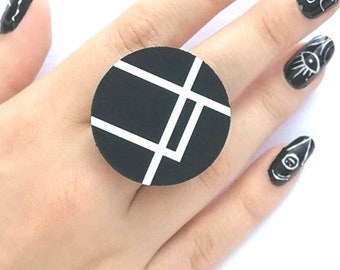 Bague cocktail unique, bague géométrique moderne, bague noir et blanc, bague élégante, cadeau pour elle