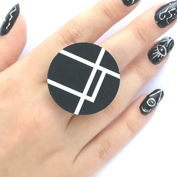 Cocktail Unique Ring, Modern Geometric Ring, Black and White Ring, Elegant Ring, Gift for Her