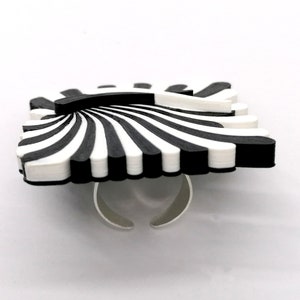 Peut inclure: Une bague &agrave; rayures noires et blanches avec une bande argent&eacute;e. La bague est en forme de soleil.