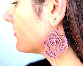 Rose Pink Earrings, Cool Dangle Earrings, Statement Earrings for Women, Lightweight 3D Printed Earrings, Contemporary Jewelry