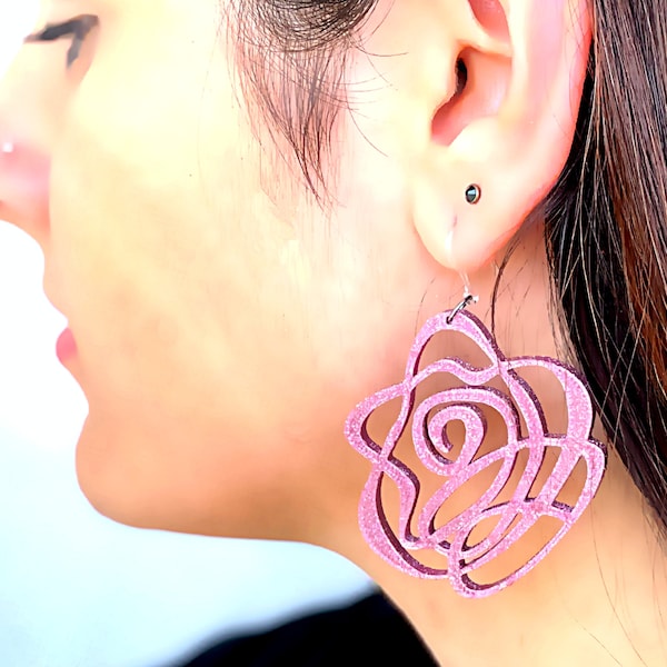 Rose Pink Earrings, Cool Dangle Earrings, Statement Earrings for Women, Lightweight 3D Printed Earrings, Contemporary Jewelry