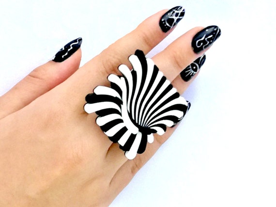 Black and White Cocktail Ring, Chunky Adjustable Ring, Ring for Woman
