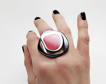 Cocktail Chunky Ring, Statement Adjustable Black Red White Ring, Big Bold Rings for Women, Unique Contemporary Jewelry, Gift for Her