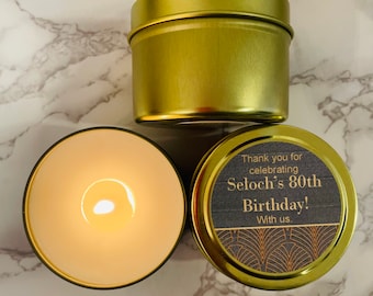 Personalized Candle Favors, Birthday favors, Thank You Presents, custom party favors, Milestone Party Favors, Candles, scented Soy Candles