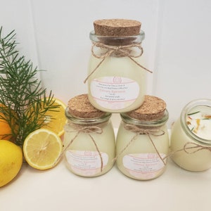 May include: Four glass jars with cork lids and twine bows filled with white candles. The jars are labeled "Citrus Spruce" and are surrounded by lemons and oranges.