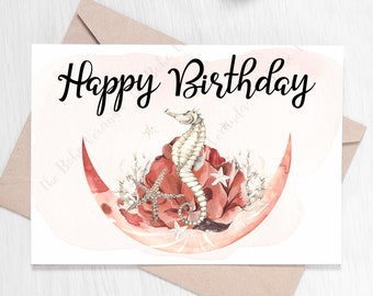Birthday Card Printable Card Instant Download Boho Seahorse Crescent Moon Coral