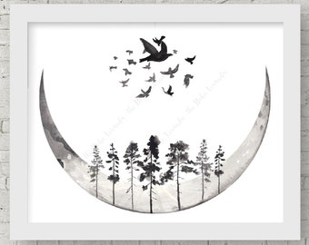 Printable Art Instant Download Print Celestial Crescent Moon Birds Black and White Print