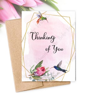 Thinking of You Card Printable Card Instant Download Floral Card Hummingbird Card Friendship Card Get Well Card Pink Flowers Card image 1