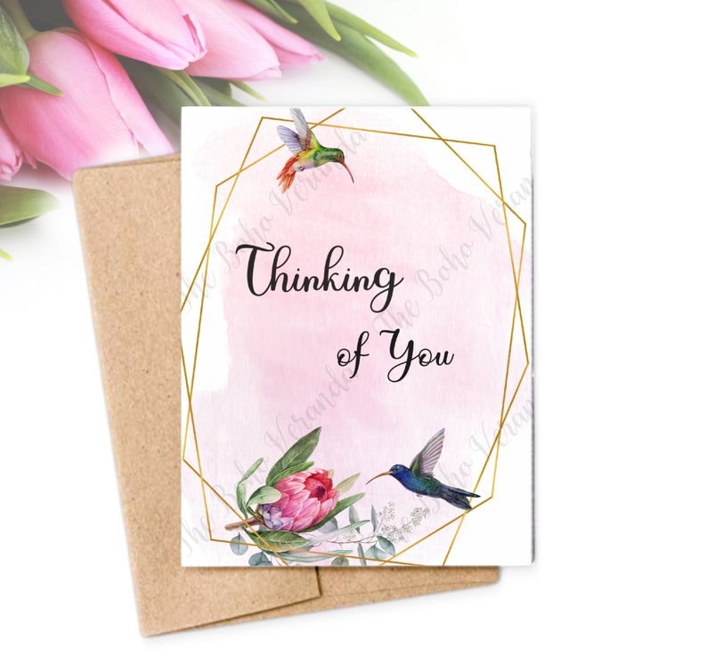 Thinking of You Card Printable Card Instant Download Floral Card Hummingbird Card Friendship Card Get Well Card Pink Flowers Card image 1