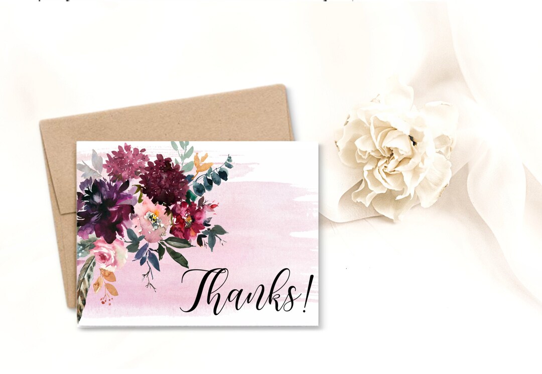 Thank You Card Printable Card Instant Download Floral Burgundy Pink ...