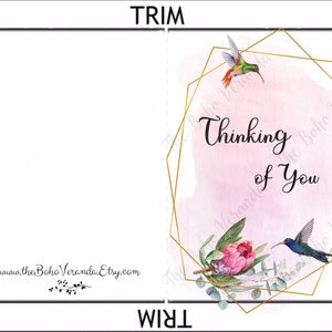 Thinking of You Card Printable Card Instant Download Floral Card Hummingbird Card Friendship Card Get Well Card Pink Flowers Card image 2