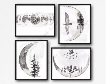 Printable Art Instant Download Set of 4 Prints Celestial Crescent Moon Full Moon Forest Soaring Bird Black and White Print