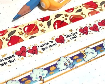 Gold Washi Tape Original Designs - Self Love Hearts, Space Apple Aesthetic and Cute Emotional Clouds