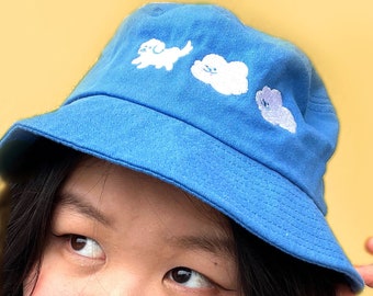 White Dog White Cloud Blue Bucket Hat