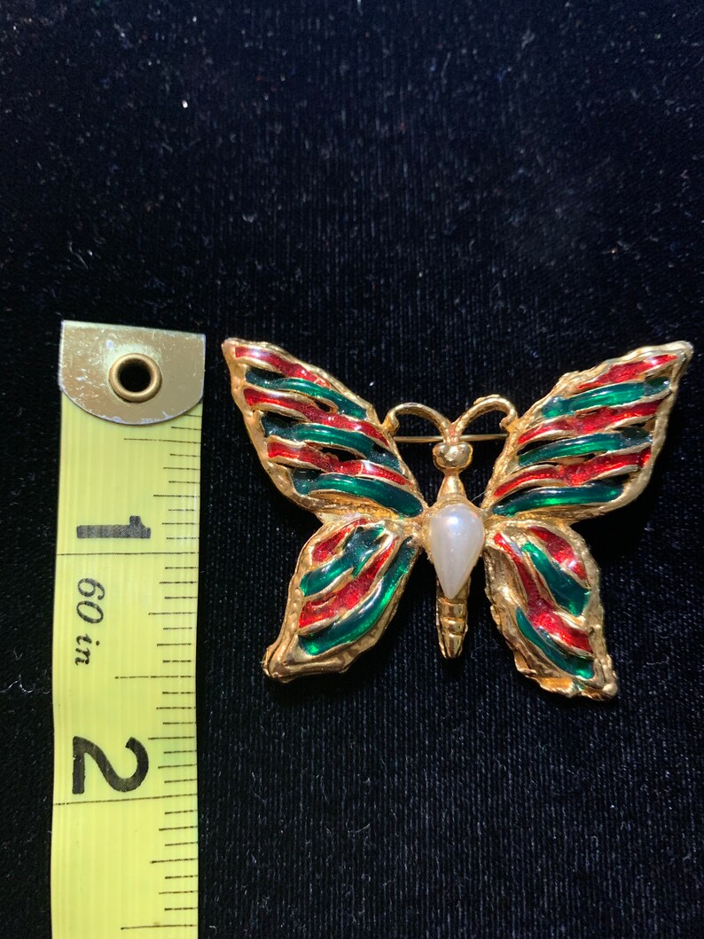 Christmas Themed Butterfly Brooch Gold Toned with Faux Pearl Inset