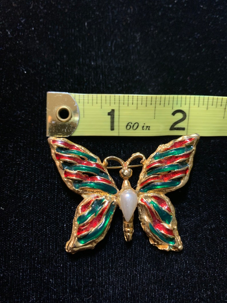 Christmas Themed Butterfly Brooch Gold Toned with Faux Pearl Inset