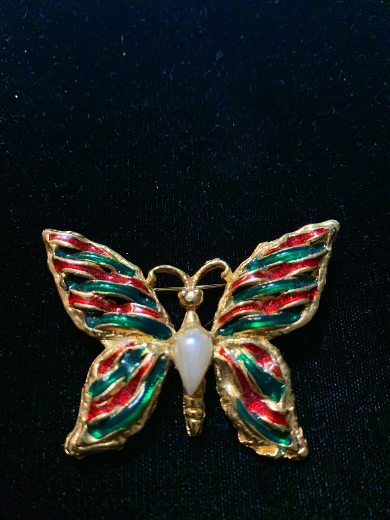 Christmas Themed Butterfly Brooch Gold Toned with Faux Pearl Inset