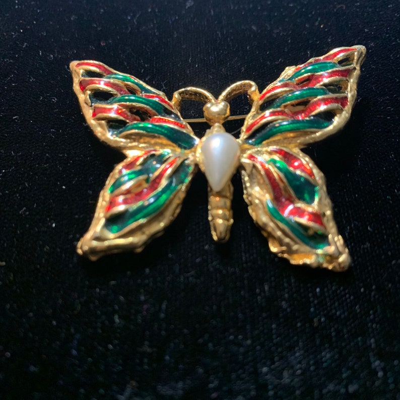 Christmas Themed Butterfly Brooch Gold Toned with Faux Pearl Inset