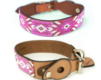Leather Dog Collar With AirTag Holder Waterproof, Pink Beaded Dog Collar, Tactical Dog Collar