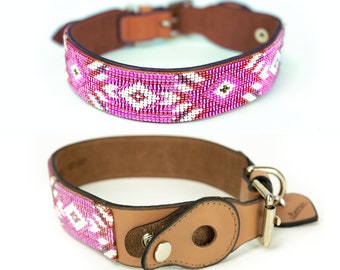 Leather Beaded Dog Collar with AirTag Holder: Pink Glass Beads