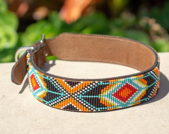 Native beaded dog collar from brazil in leather