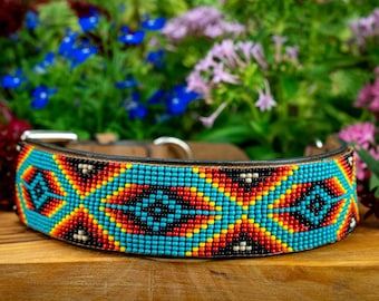 Martingale dog collar, Training collar, leather dog collar, beaded dog collar, collar with buckle, western, native, pit bull, big dog