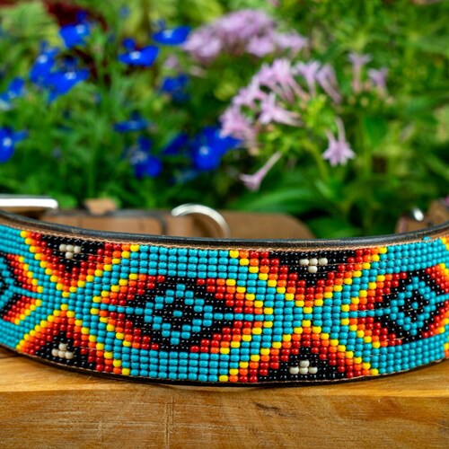 Leather Beaded Dog Collar Western Size Large Etsy
