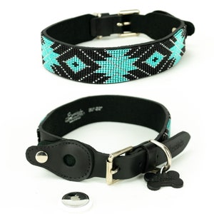 Leather Dog Collar With AirTag Holder, Beaded Dog Collar, Sambboho Dog Collar