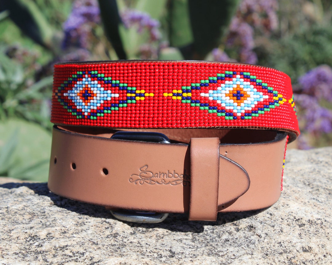 Isabel Marant Black Leather River Belt with Beaded Blue and Red Geometric Detail ISABEL MARANT Tanji Beaded Leather Belt | endource main image 4