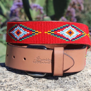 Handmade Beaded Leather Belt: Red Western Rodeo Style
