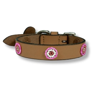 Handmade Beaded Leather Dog Collar: Pink Luna Design