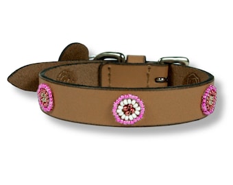Handmade Beaded Leather Dog Collar: Pink Luna Design