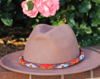 beaded hatband, leather hatband, hatband for cowboy hat, western hat band, navajo hatband, native hatband, red beaded hatband