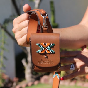 Leather leash bag, waste bag holder, dog bag, poop bag dispenser, beaded bag for leash, leash bag, dog walking,