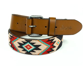 beaded belt, leather belt, removable buckle, indian belt, native belt