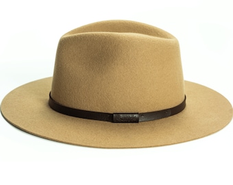 fedora hat, wool hat, boater style hat, soft brim with indented crown, classic fedora, men's hat, women's hat, light brown hat, western hat,
