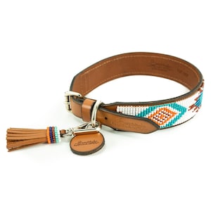 Leather Beaded Dog Collar with Tassel Charm: Aztec Bohemian Style