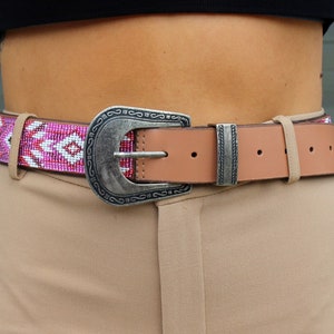 Beaded Leather Belt Removable Buckle, full grain leather belt, genuine leather belt, women&#39;s belt, native western belt, aztec belt,