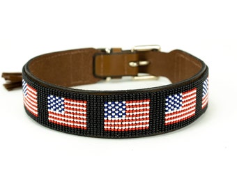 Collare per cani USA, collare per cani in pelle con perline patriottico, veterano, militare, membri del servizio