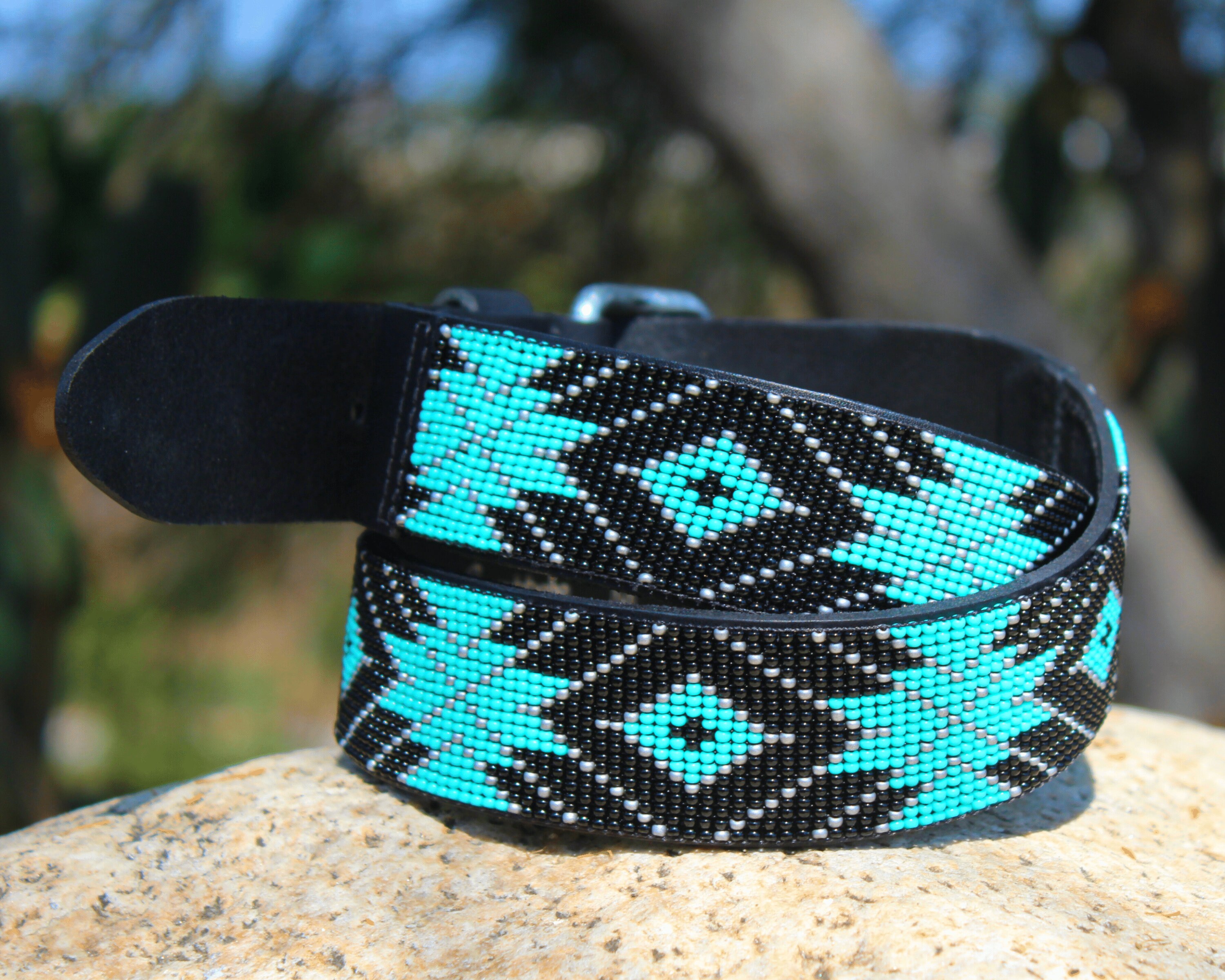 Handmade Beaded Leather Belt: Western Aztec Style on Black  display picture 1