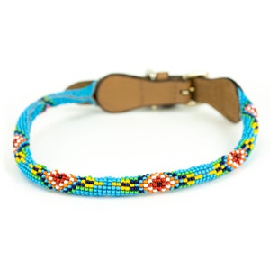Rolled Leather Beaded Dog Collar: Blue aztec design