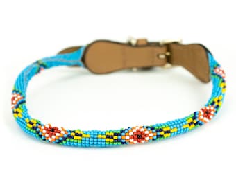 Rolled leather dog collar with beads, Rope beaded dog collar, dog collar for long haired dog, Aztec native collar, Artisan handmade