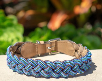 May include: A braided collar featuring a pattern of small blue, turquoise, and green beads woven into leather strips. The collar includes a silver-toned metal buckle and a tan leather interior lining, designed with a secure fastening mechanism.