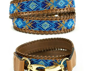 Beaded Leather Crossbody Strap: Embroidered Purse Strap with Gold Hardware