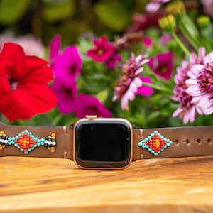 Beaded Leather Apple Watch Band: Western Aztec Style